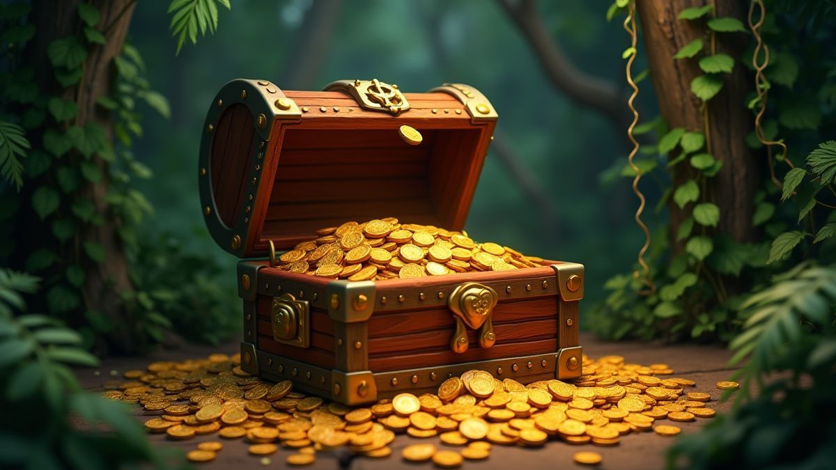 Coffre au trésor entouré de pièces d'or et de lianes.