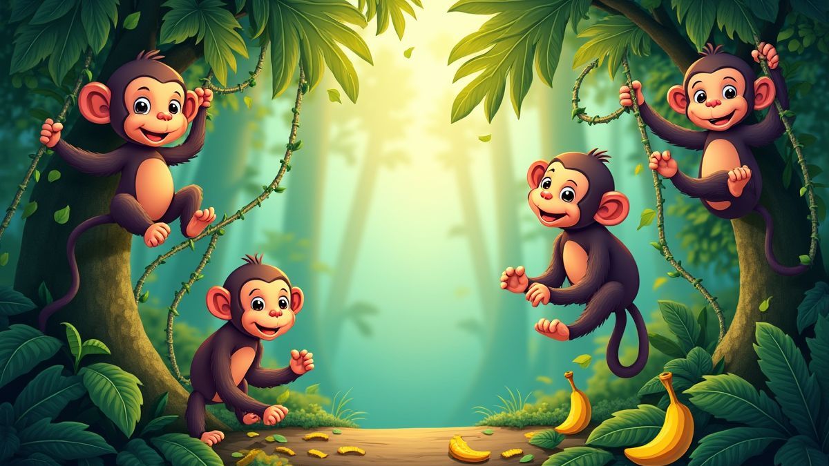 Jungle colorée avec des singes et des bananes.