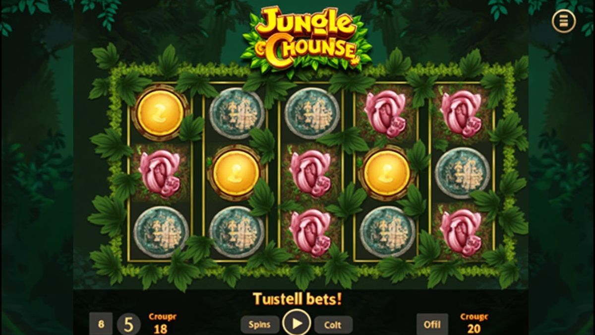 Interface de machine à sous avec thème de jungle et options de mise.