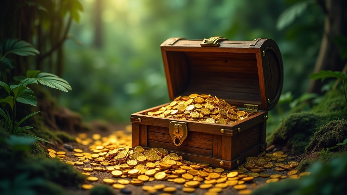 Coffre au trésor entouré de pièces d'or dans une jungle.