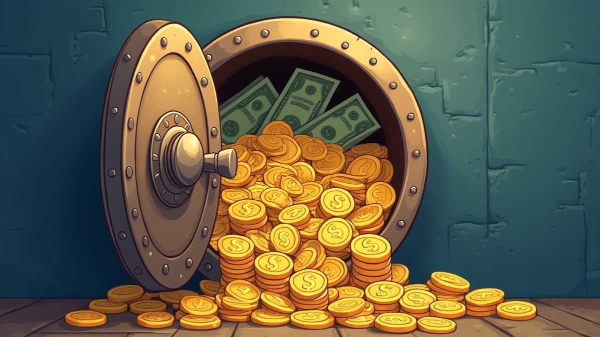 Eine Illustration eines Safes voller Goldmünzen und Geldscheinen