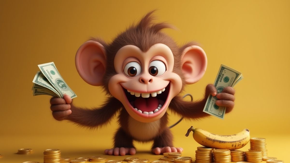 Ein Affe, der Geld und eine Banane hält, umgeben von Goldmünzen