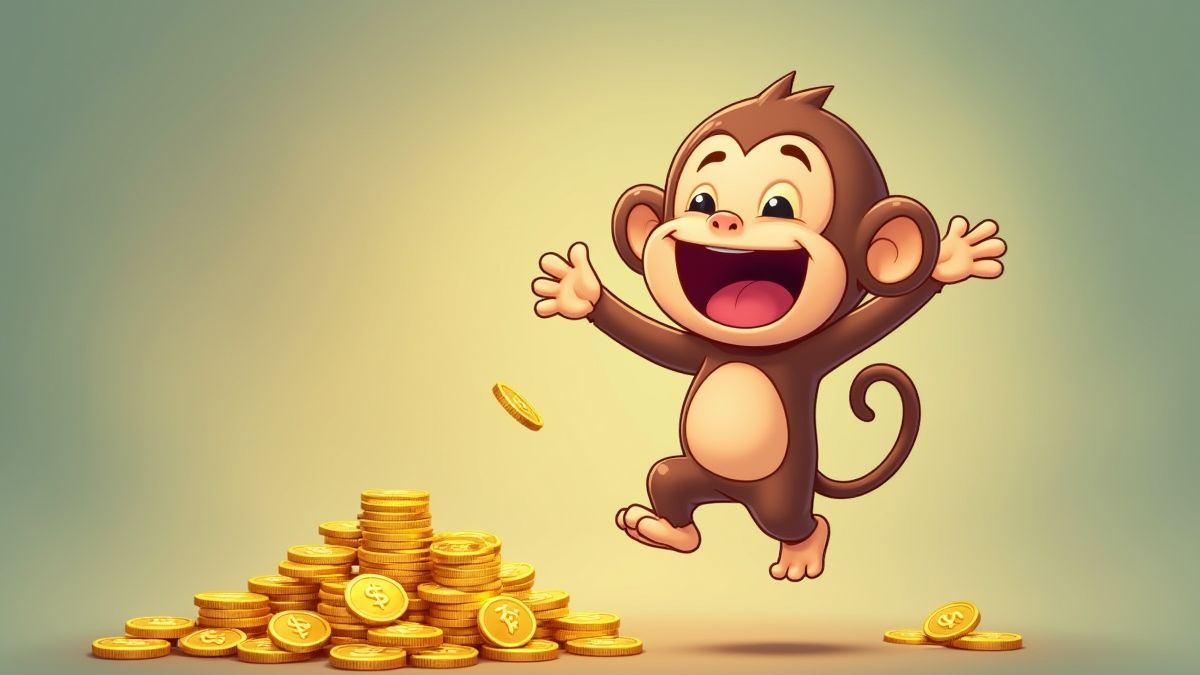 Ein animierter Affe, der vor Freude neben Goldmünzen springt