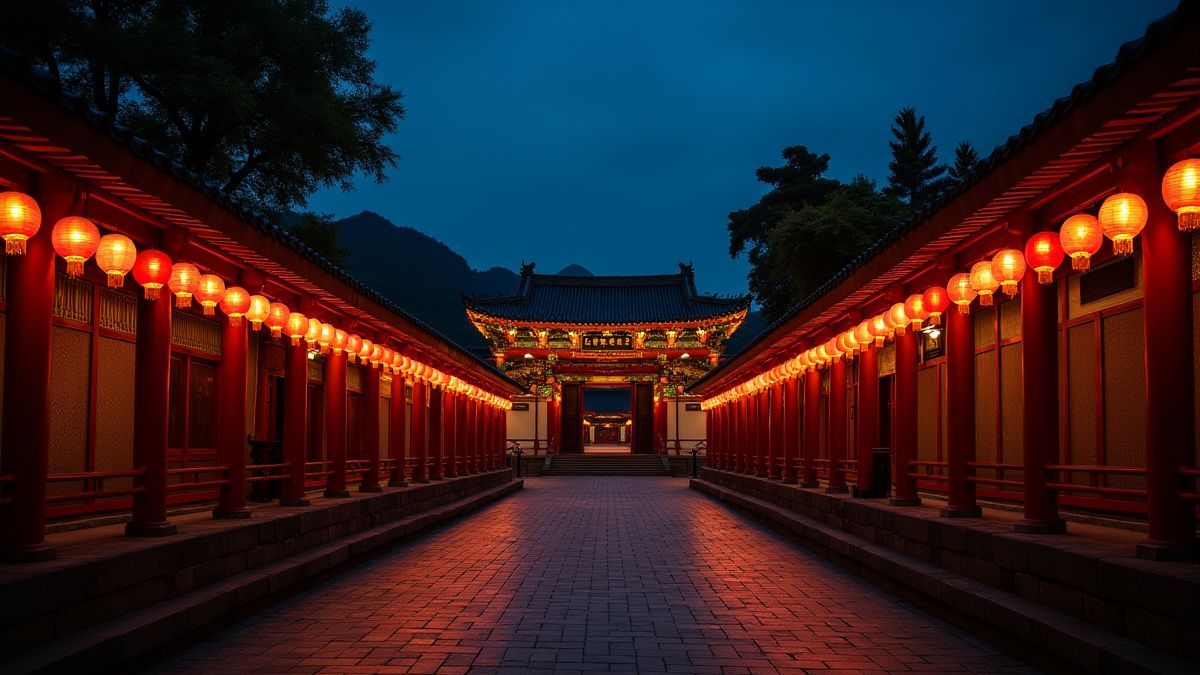Un templo chino iluminado por farolillos en la noche.