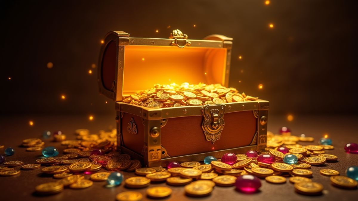 Un cofre del tesoro brillante rodeado de monedas y joyas.