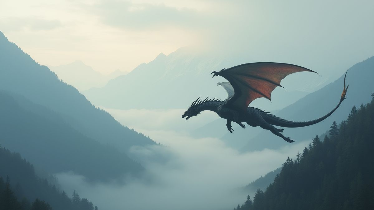 Un majestuoso dragón volando entre montañas neblinosas.