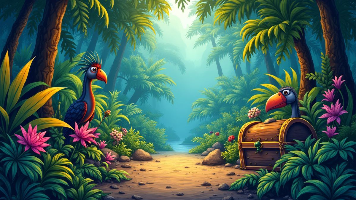 Farbenfrohe Dschungelszene mit exotischen Pflanzen und versteckten Schätzen