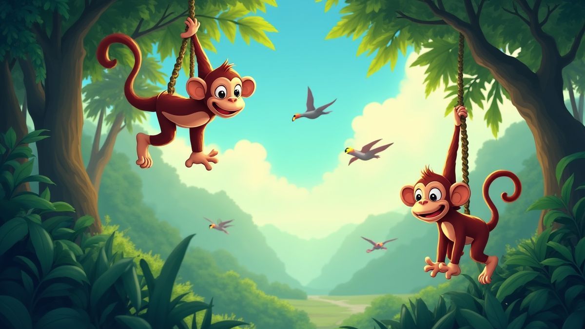 Affen schwingen an Lianen und exotische Vögel fliegen im Dschungel