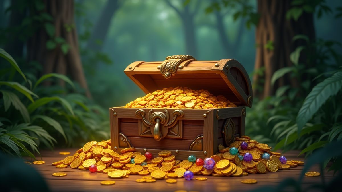 Ein Schatztruhen voller Goldmünzen und Juwelen im Dschungel