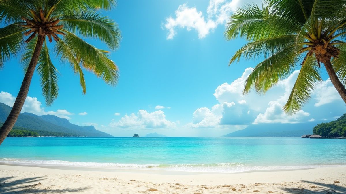 Praia tropical com palmeiras e água azul brilhante.