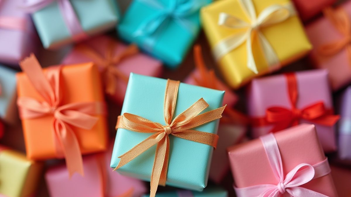 Caixas de presente coloridas com laços.