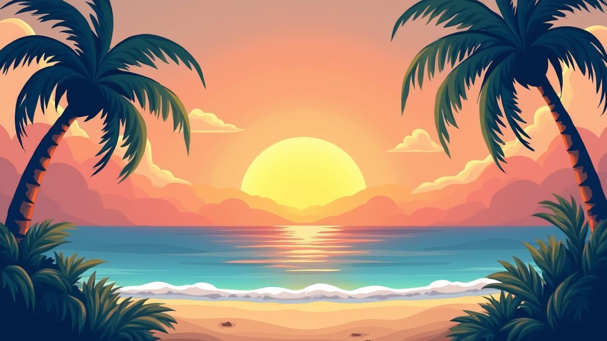 Ilha tropical estilo cartoon com palmeiras e um pôr do sol.