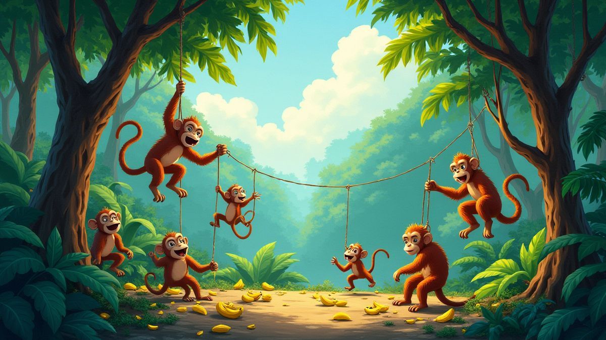Una jungla tropical llena de monos y plátanos