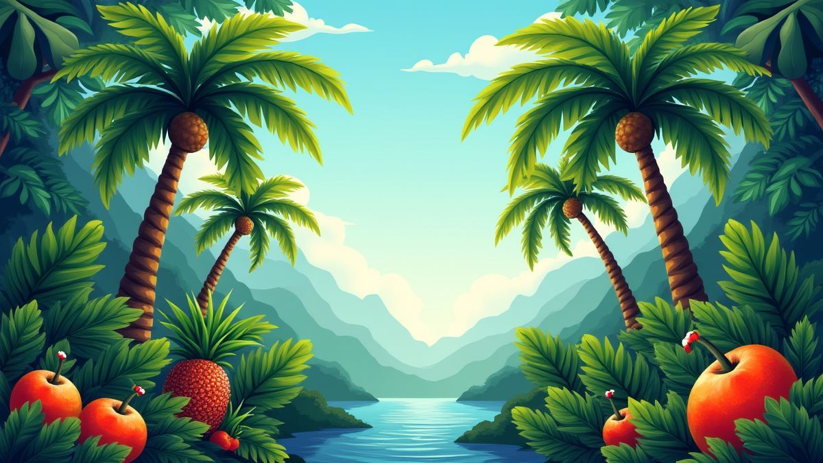 Eine Szene aus einem Dschungel mit Palmen und exotischen Früchten.