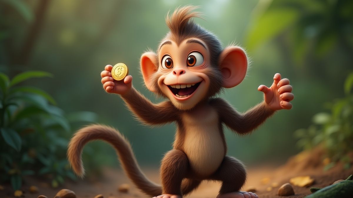 Ein verspielter Affe, der Münzen hält und in einem Dschungel lächelt.