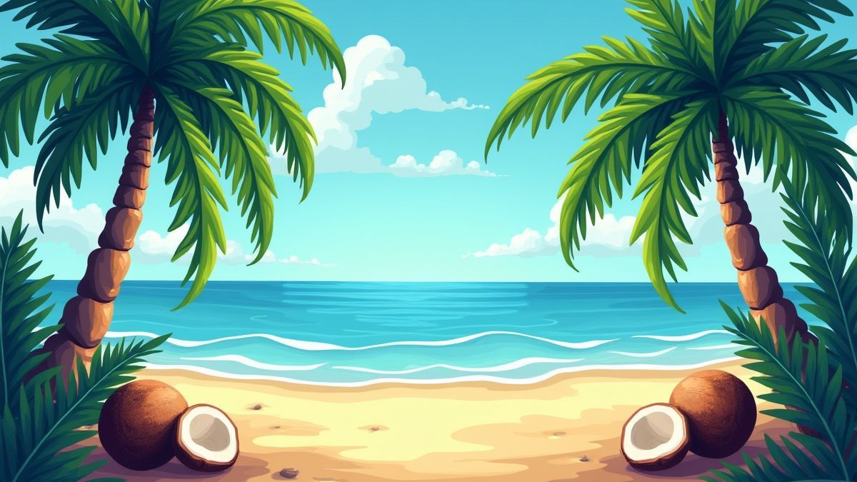 Una playa tropical con palmeras y cocos.