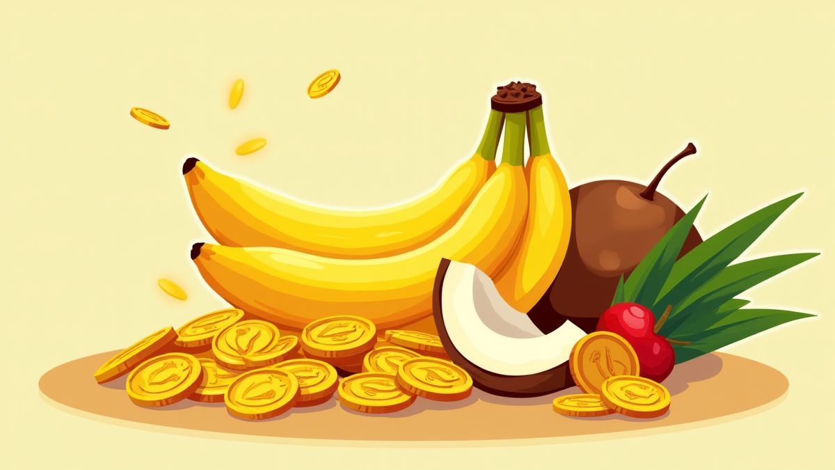 Monedas doradas junto a frutas tropicales como plátanos y cocos.