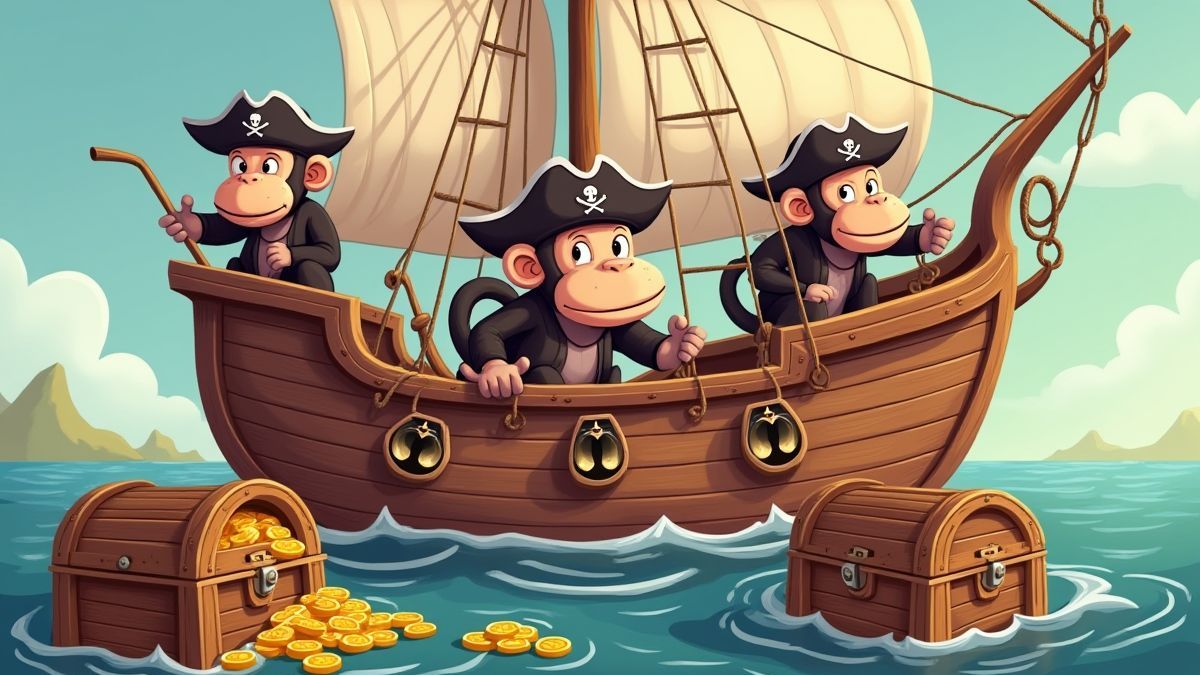 Barco pirata tripulado por monos rodeado de cofres del tesoro y monedas de oro.