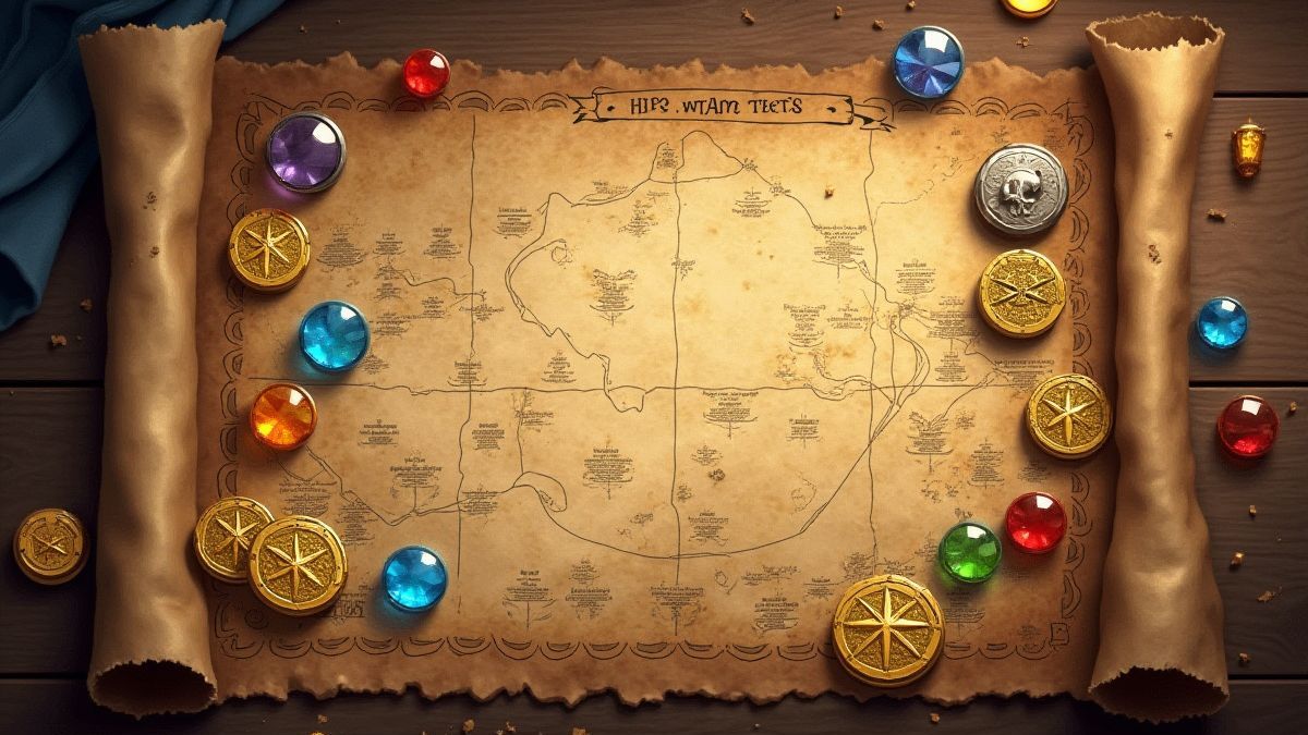 Mapa del tesoro pirata con monedas y gemas dispersas.