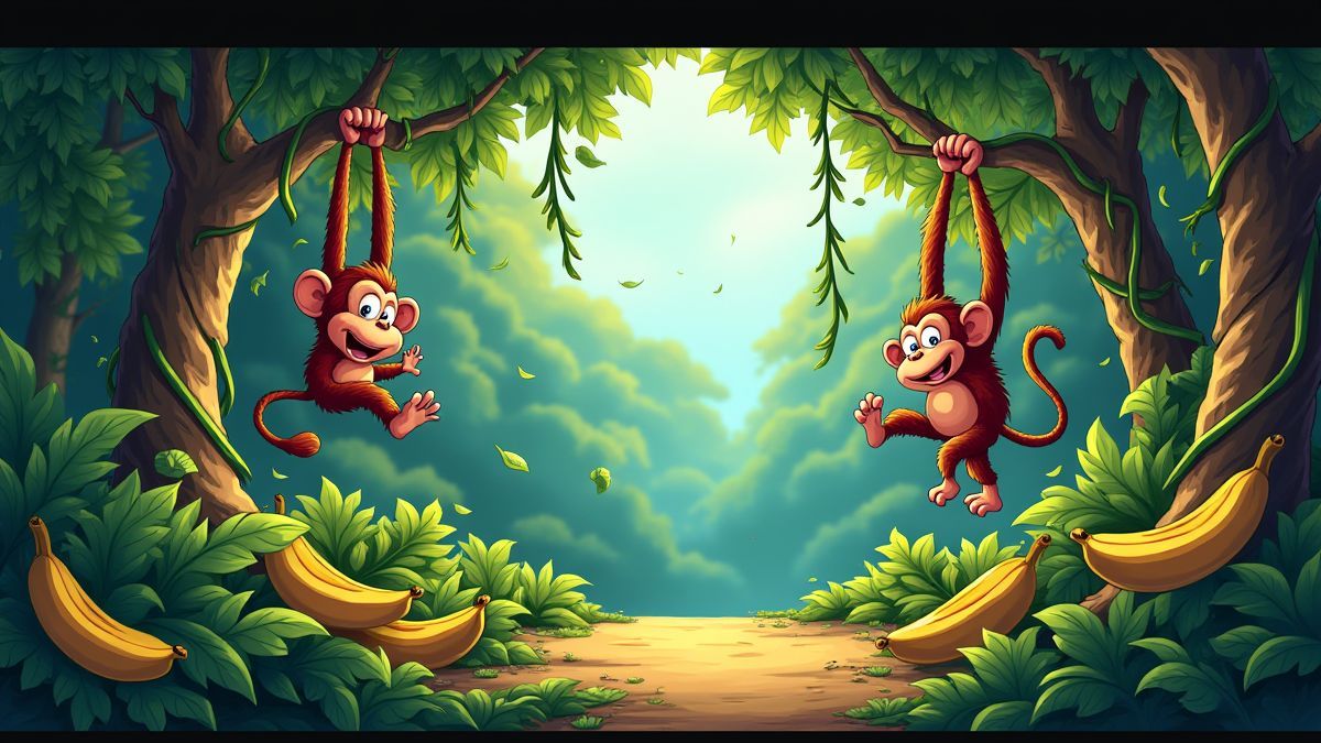Uma selva colorida com macacos brincando entre os galhos.