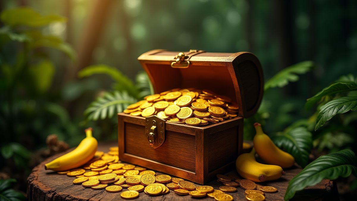 Moedas douradas e bananas saindo de um baú do tesouro na selva.