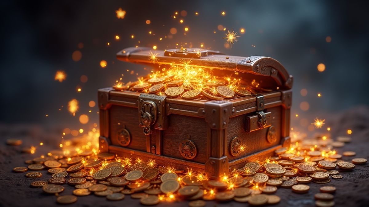 Un cofre del tesoro rodeado de monedas brillantes y energía mística.