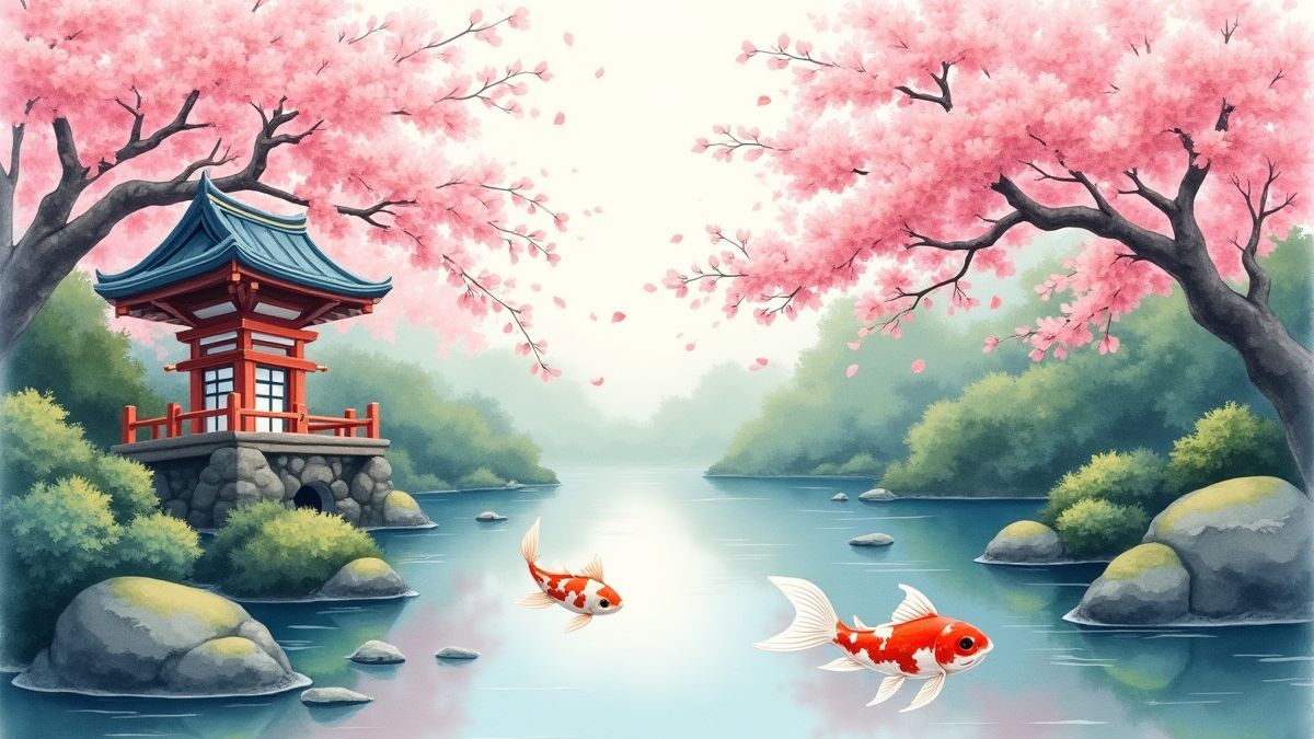 Ein japanischer Garten mit Kirschblüten und Koi-Fischen