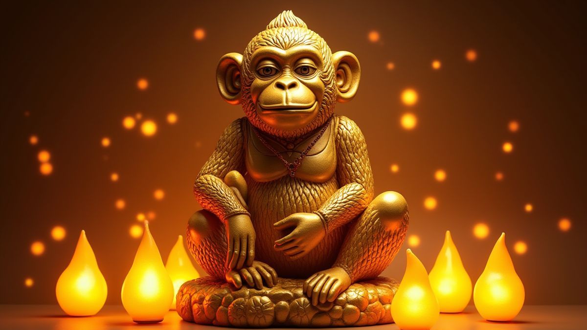 Eine goldene Affenstatue umgeben von leuchtenden Symbolen
