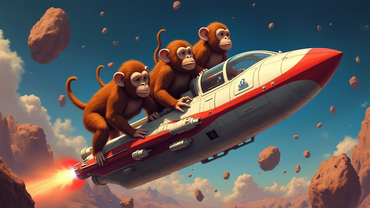 Singes pilotant une vaisseau spatial entre des astéroïdes