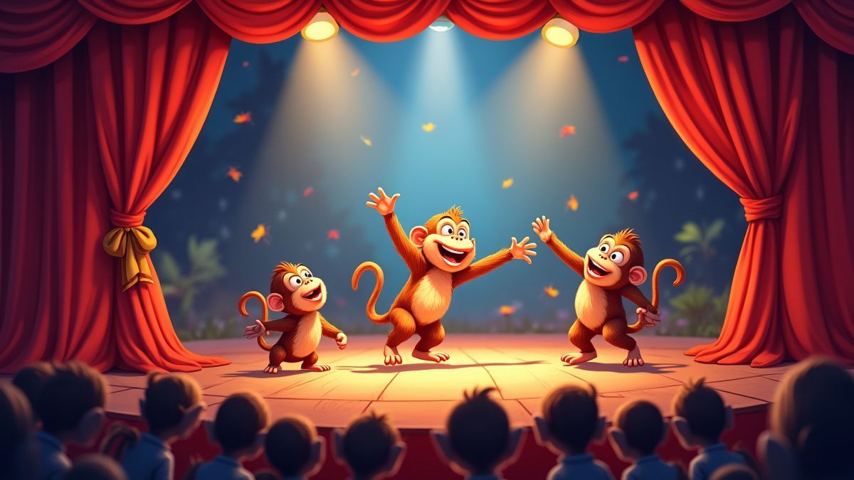 Monos actuando en un escenario lleno de color
