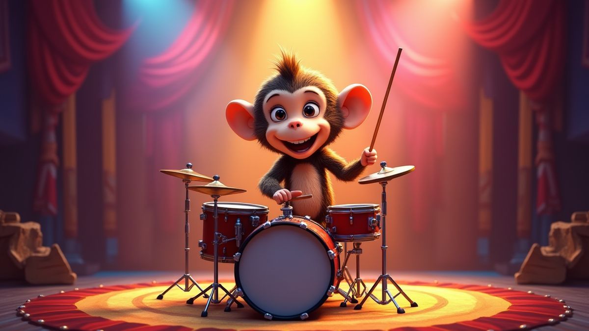 Un mono tocando la batería en un escenario animado