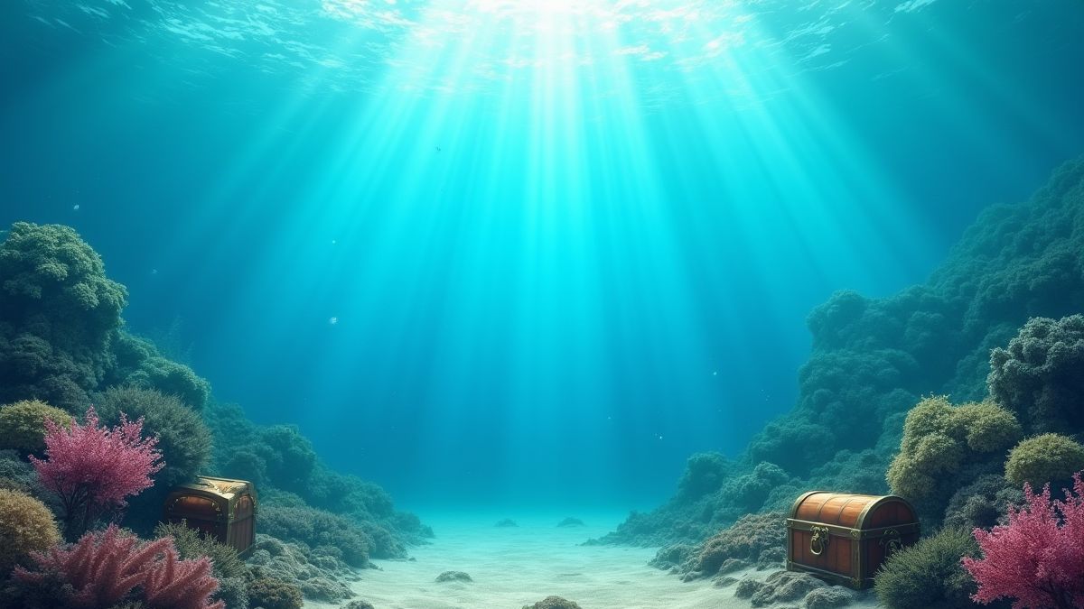 Cenário tropical submarino com arrecifes de coral e cofres do tesouro.