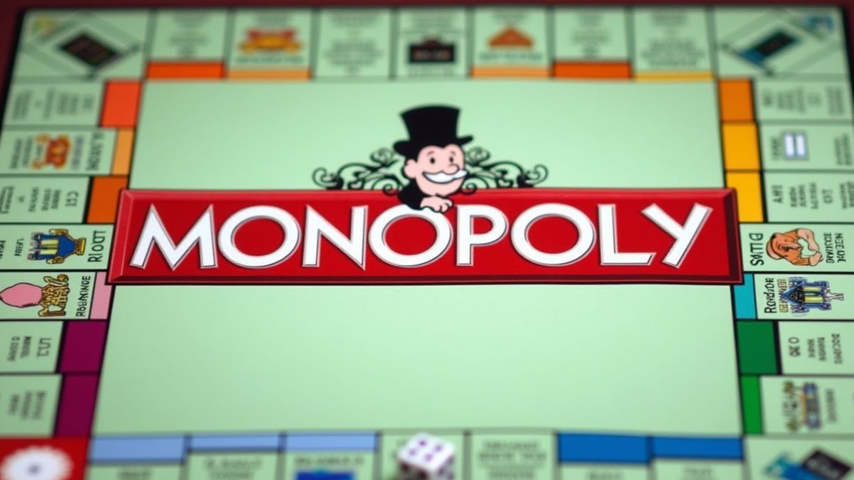 Tablero colorido de Monopoly con casas y hoteles icónicos.
