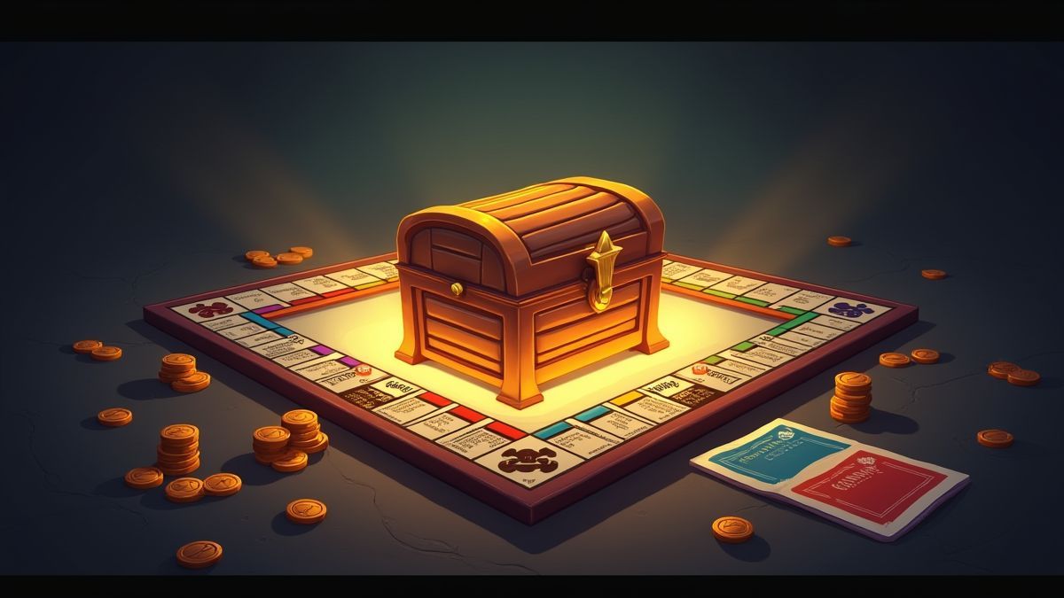 Tablero de Monopoly con cartas de comunidad y oportunidad brillantes rodeadas de monedas.