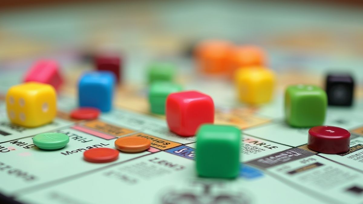 Monopoly spelstukken op een thematische kaart met dobbelstenen en fiches.
