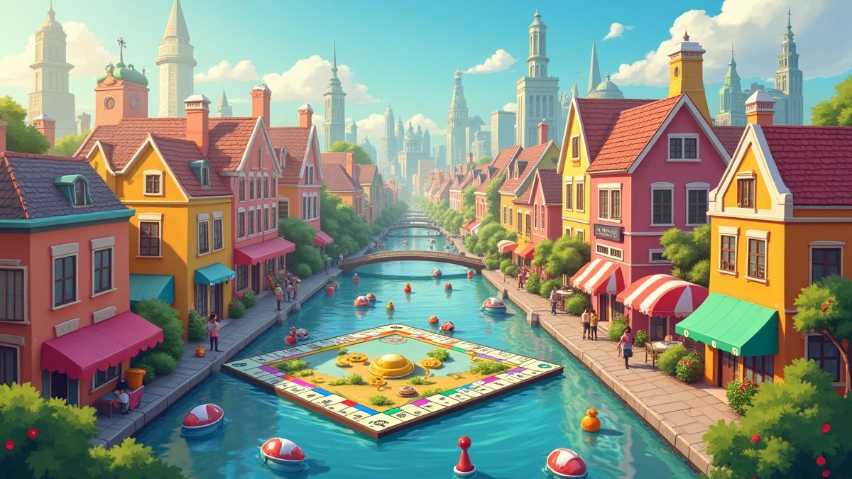 Levende stad geïnspireerd door Monopoly-eigendommen met kleurrijke gebouwen.