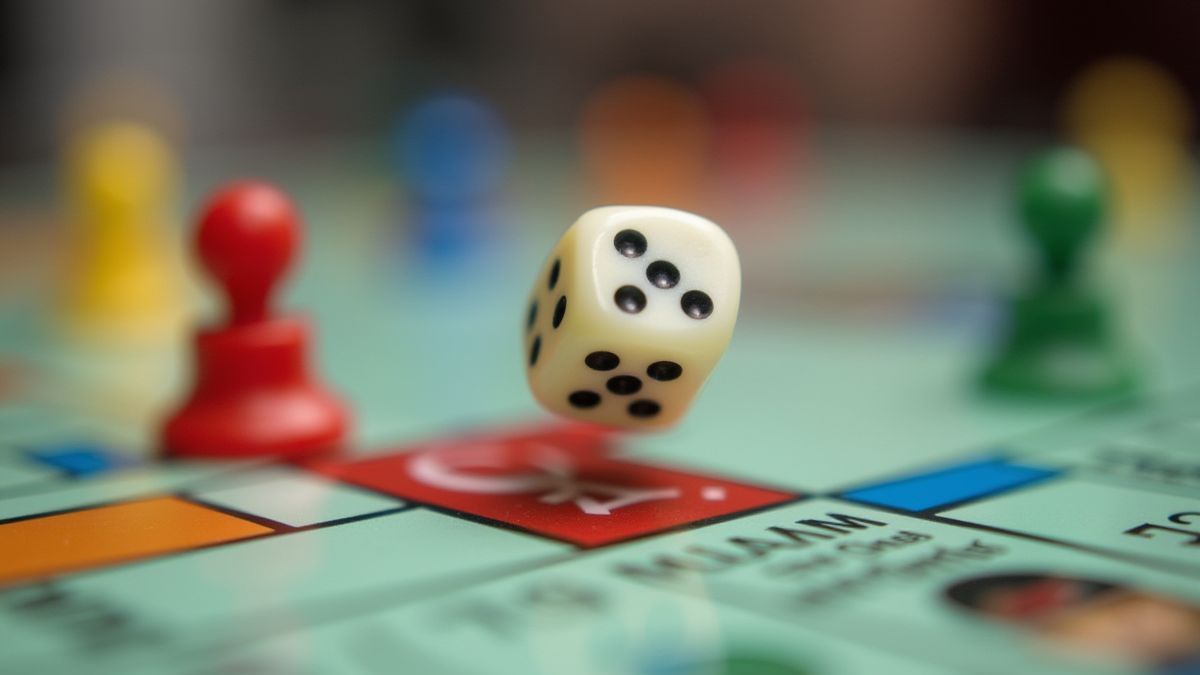 Dobbelstenen rollen op een Monopoly-thema bord met kleurrijke spelstukken.