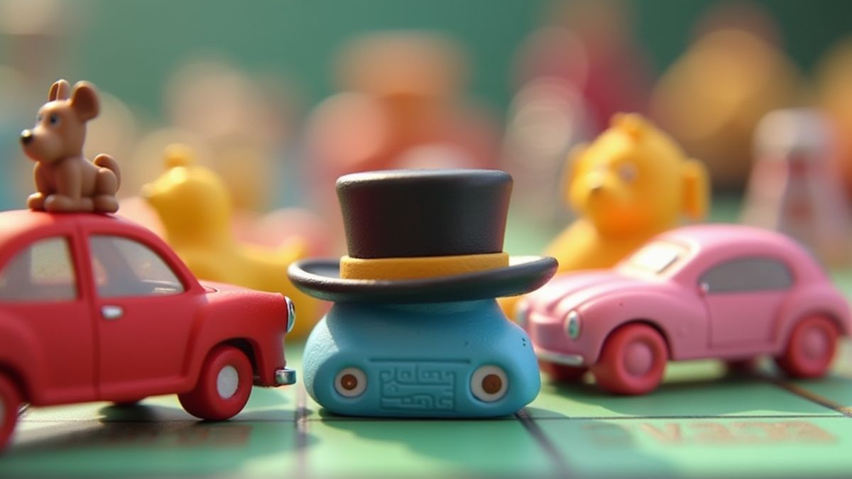 Fichas coloridas inspiradas en Monopoly como coche, sombrero y perro.