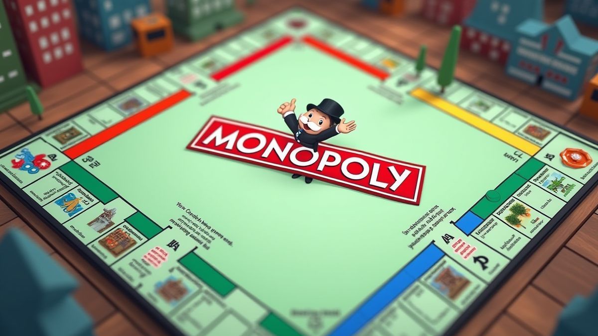 Tablero de Monopoly con propiedades y fichas animadas.