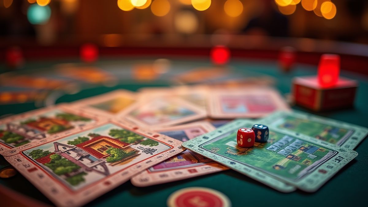 Szenenbild mit Monopoly-Thema, Eigentumskarten und Würfeln