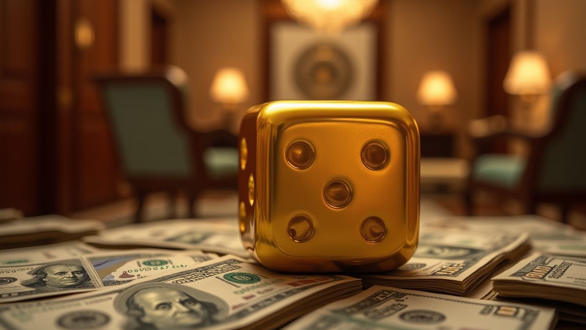 Gouden dobbelstenen en stapels bankbiljetten binnen een luxe hotel.