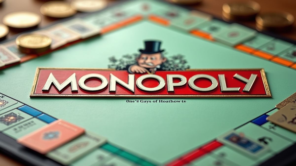 Monopoly bord omringd door munten en kaarten.