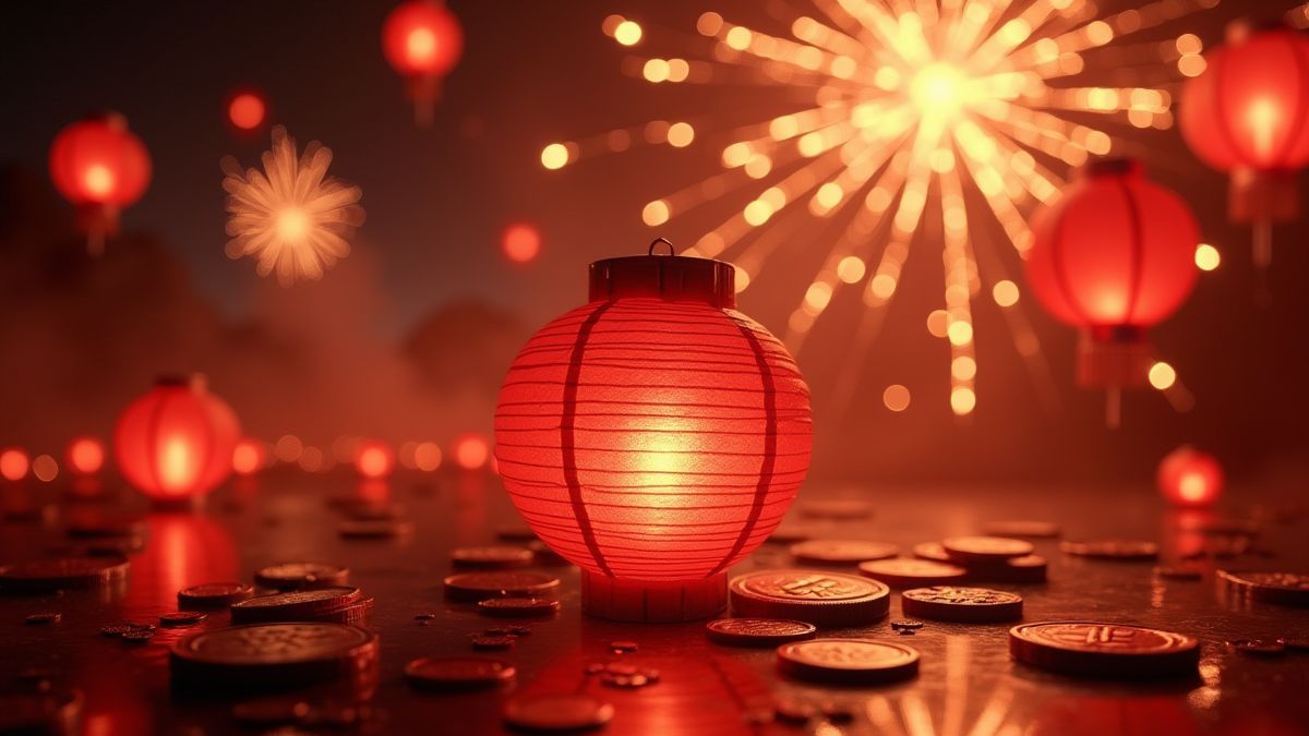 Asian lanterns and golden coins floating among fireworks.