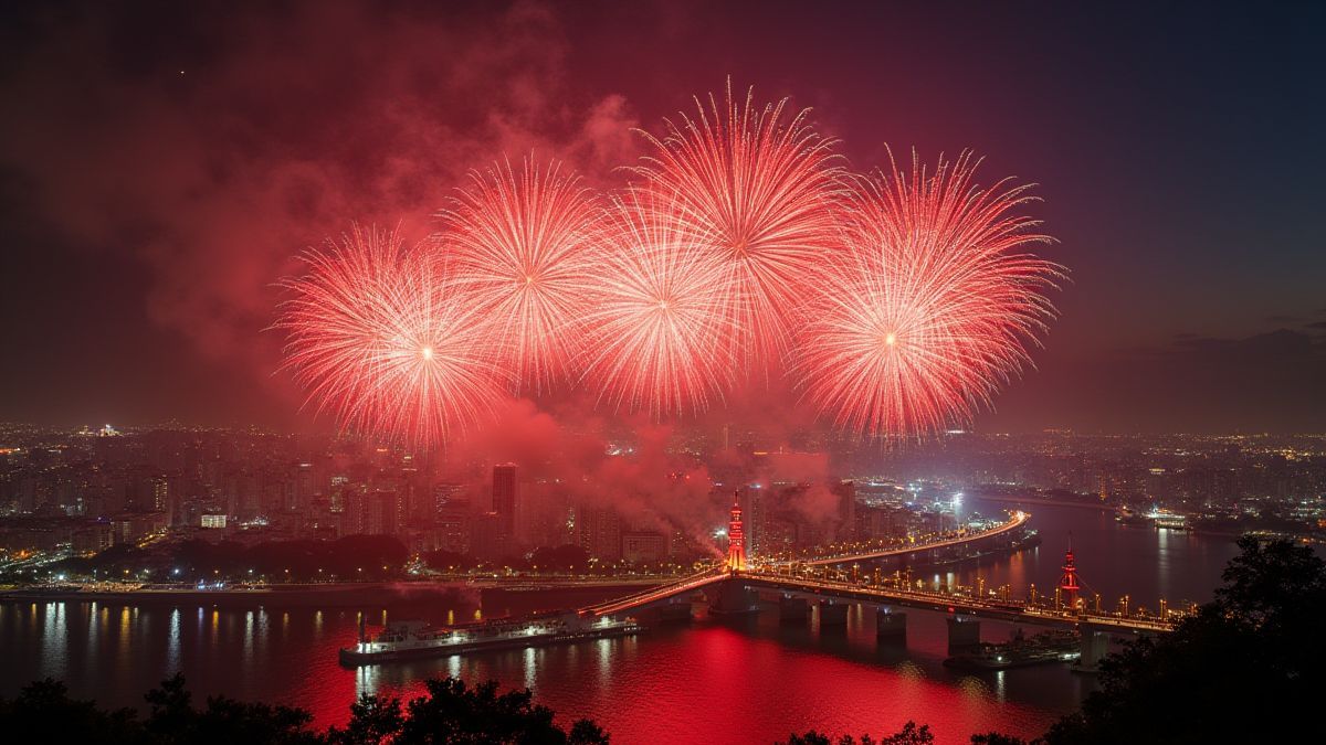 Fireworks illuminating an Asian cityscape during Lunar New Year.