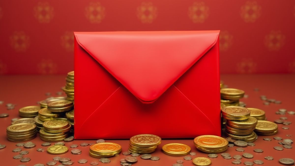 A red envelope surrounded by coins and gold ingots.
