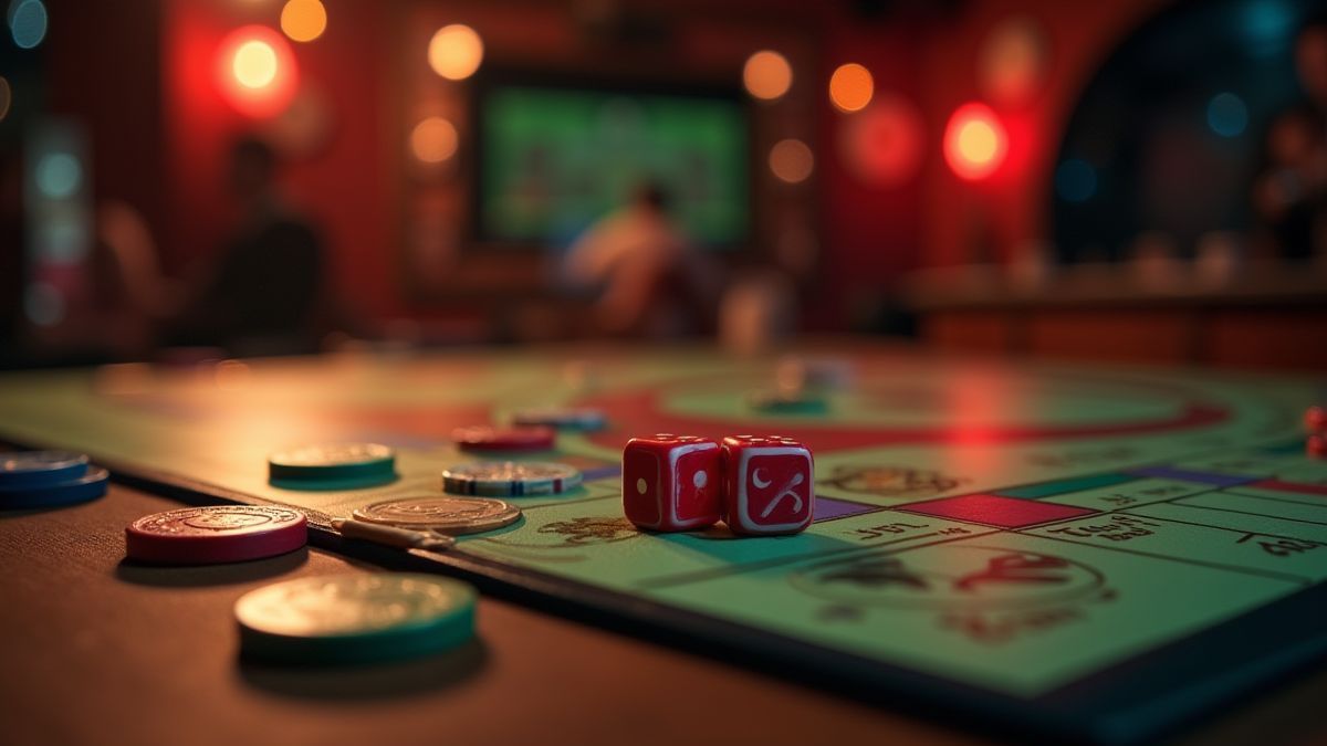 Escena de casino estilo jazz con fichas de Monopoly y dados.