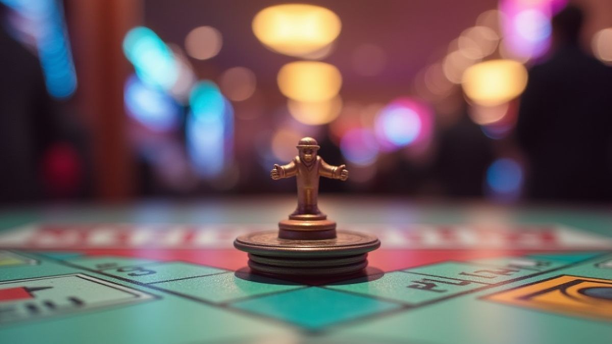 Ficha de Monopoly moviéndose en un tablero dentro de un casino.