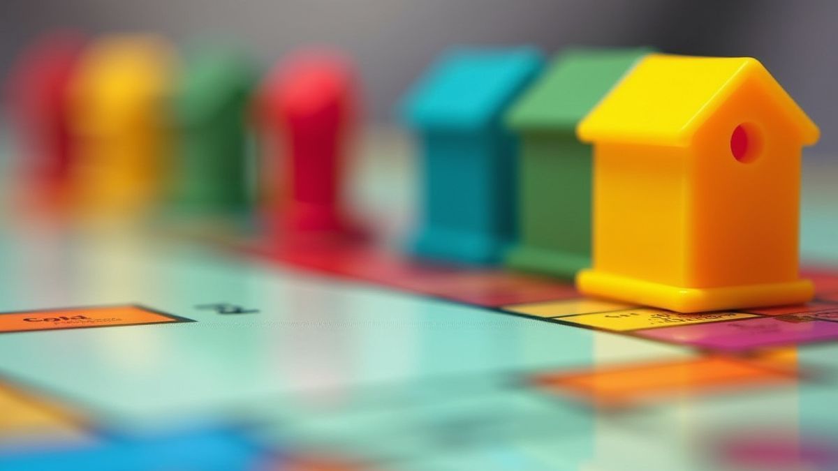 Casas de colores y fichas de Monopoly sobre un tablero.