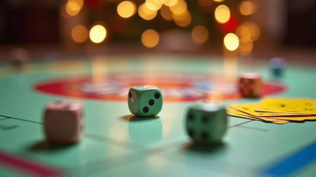 Tablero de Monopoly con dados y cartas coloridas en un ambiente festivo.