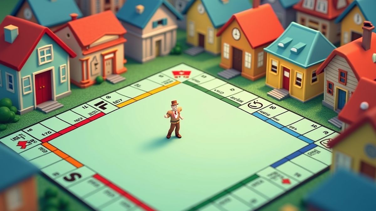 Tablero de Monopoly animado con casas y fichas coloridas.